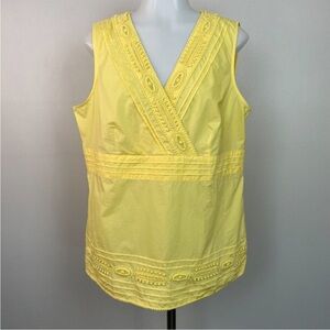 Talbots Top 16 Yellow Crochet Surplice Cotton Poplin Sleeveless Shirt Women's